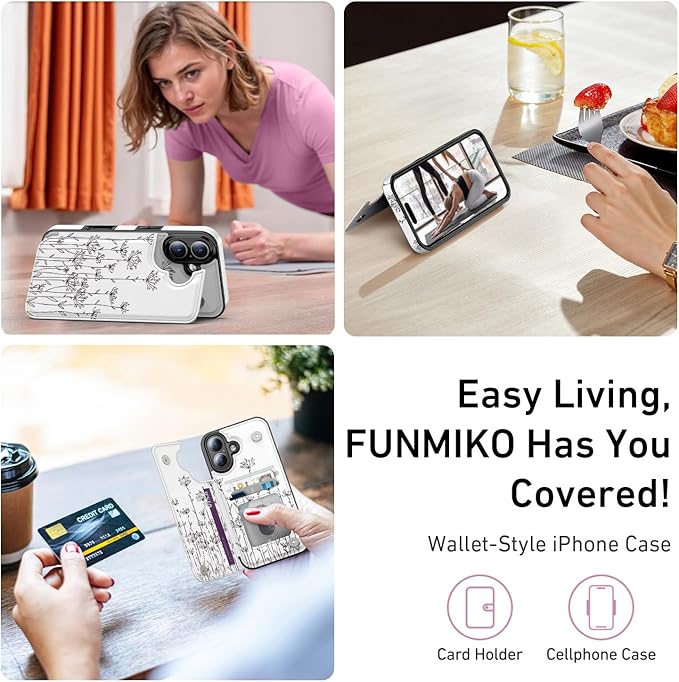 FUNMIKO for iPhone 16 Plus Wallet Case with Card Holder, RFID-Blocking, Military-Grade Protection & UV-Printed Artwork, Magnetic Closure with Leather Kickstand - Elegantly Sketched Flower