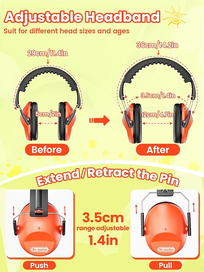 Dr.meter Ear Muffs for Noise Reduction: 27.4SNR Noise Cancelling Headphones for Kids Adults, EM100 Adjustable Hearing Protection Earmuffs for Monster Jam, Autism Sensory, Concerts, Fireworks Orange