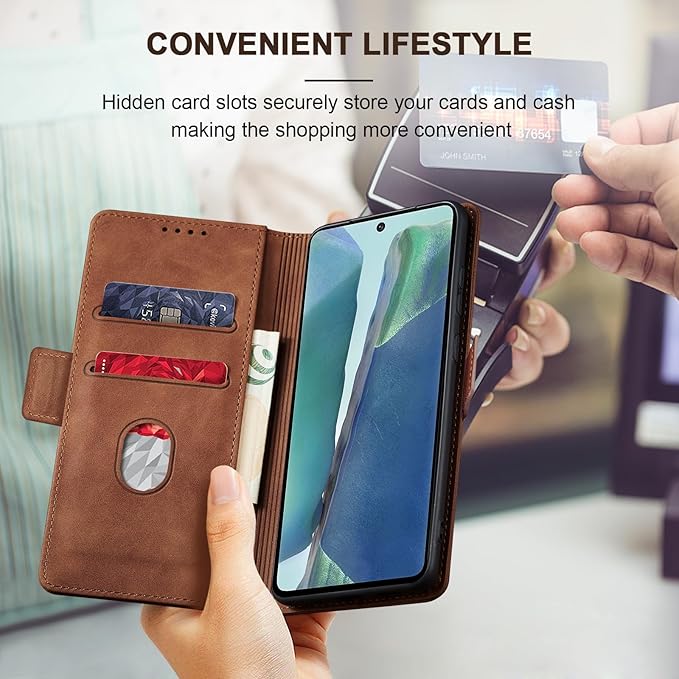 Jasonyu Flip Wallet Case for Samsung Galaxy Note 20,Leather Magnetic Folio Cover with Card Holder,Kickstand - TPU Shockproof Durable Protective Phone Case,Brown