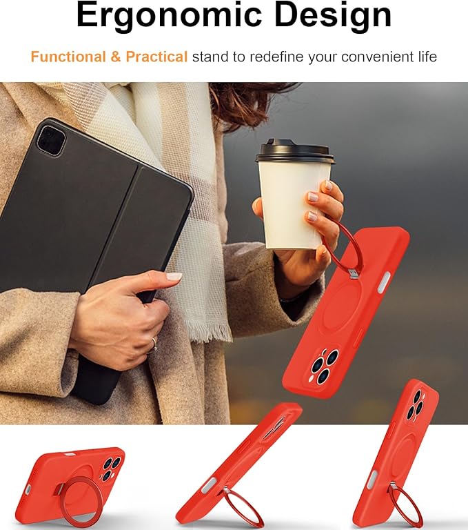 ZHK Liquid Silicone Designed for iPhone 16 pro max Case with Magnet Stand, [Precise Camera Lens Protection][Mil-Grade Drop Shockproof][Soft Anti-Scratch Microfiber Lining] Slim Fit Cover, Red