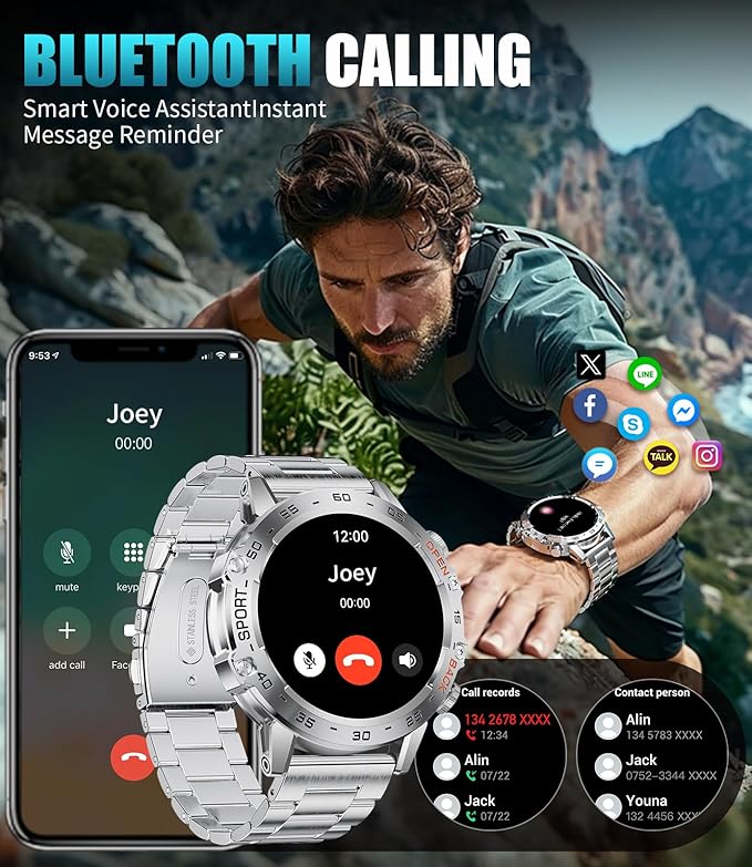 Military Smart Watch for Men(Answer/Dial Calls),1.43'' AMOLED/100 Sports Modes, 5ATM Waterproof Fitness Watch with Heart Rate/SpO2/pedometer for Android and iOS,Round Smartwatch Silver Steel