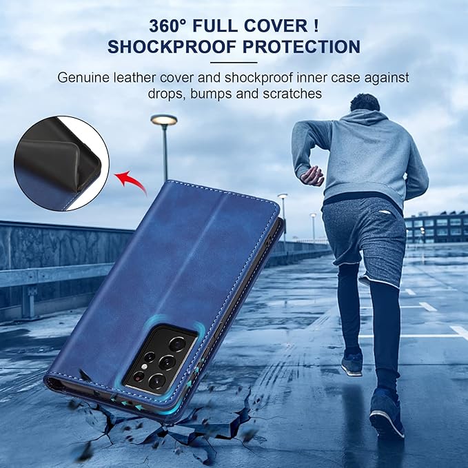 Jasonyu Flip Wallet Case for Samsung Galaxy S21 Ultra 5G,Leather Magnetic Folio Cover with Card Holder,Kickstand - TPU Shockproof Durable Protective Phone Case,Blue