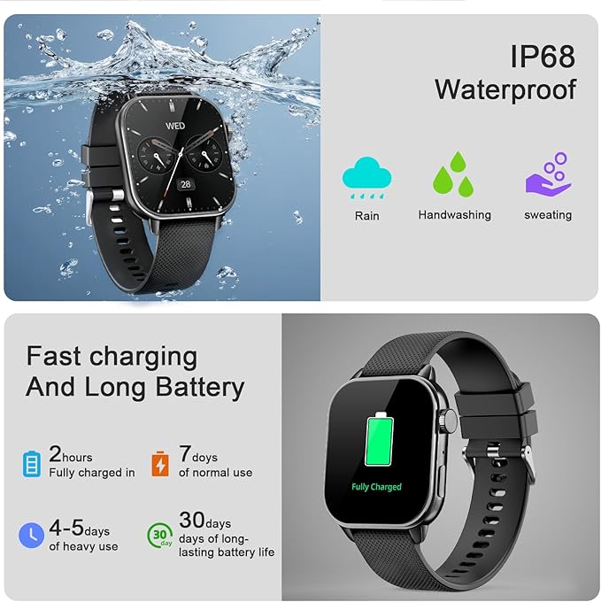 Smart Watches for Men Women, 1.85'' AMOLED HD Fitness Tracker with 100+ Sports Modes, Smartwatches with Bluetooth Call/Heart Rate/Sleep Monitor/Pedometer, IP68 Waterproof Watch for Swimming, Black