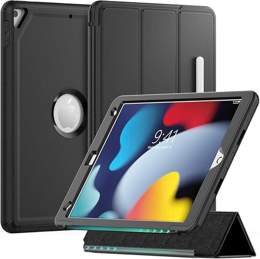 SEYMAC stock Case for iPad 9th/ 8th/ 7th Generation 10.2'', 3-Layers Full-Body Shockproof Case with Pencil Holder Folio Stand/Detachable Cover, Auto Sleep/Wake Magnetic for iPad 10.2 inch, Black