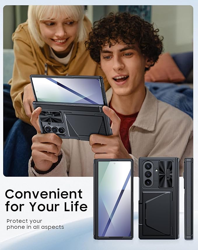 for Samsung Galaxy Z Fold 7 Case with Card Holder RFID Blocking, Built in Slide Lens Cover & Hinge Protection & Screen Protector, Shockproof Wallet Case for Z Fold 7 (Black)