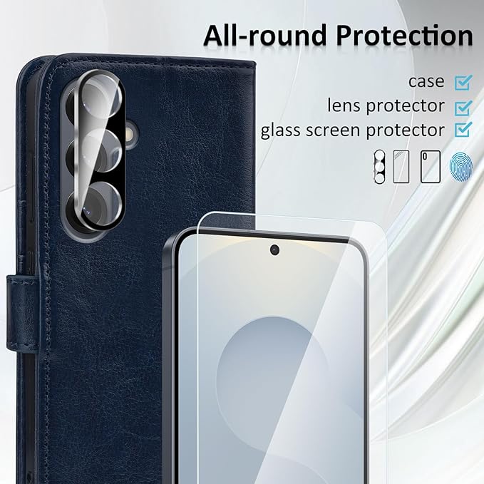 MONASAY Wallet Case Fit for Samsung Galaxy S25+ Plus 5G, [Lens & Glass Screen Protector Included] [RFID Blocking] Flip Folio Leather Cell Phone Cover with Credit Card Holder, 6.7 inch, Blue