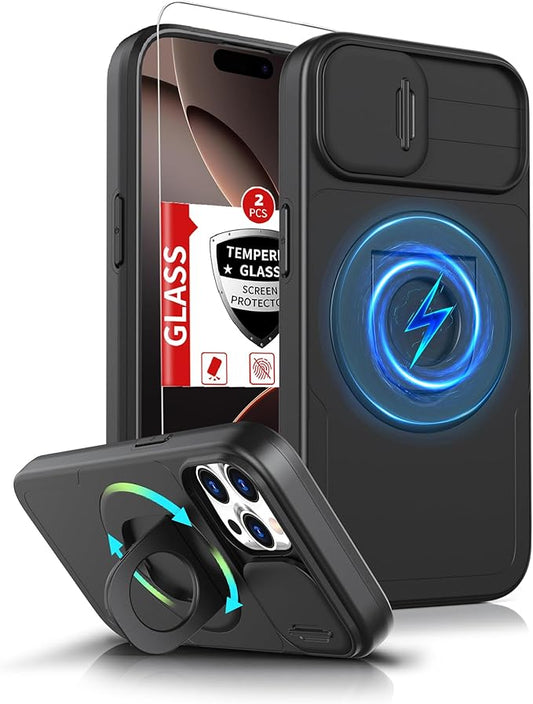 for iPhone 16 Pro Max Case Magnetic Compatible with MagSafe Wireless Charging with 2 Screen Protectors,Built-in Kickstand Ring Camera Heavy Duty Protection Military Grade Drop Shockproof Black