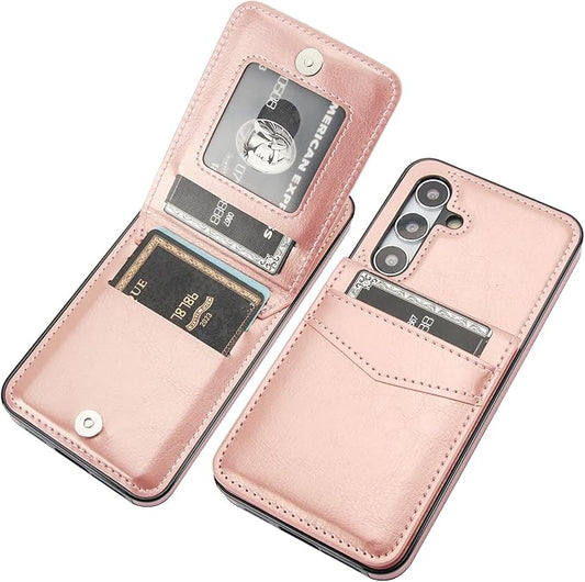 KIHUWEY for Samsung Galaxy S24 Case Wallet with Credit Card Holder, Flip Premium Leather Magnetic Clasp Kickstand Heavy Duty Protective Cover for Samsung Galaxy S24 6.2" (Rose Gold)
