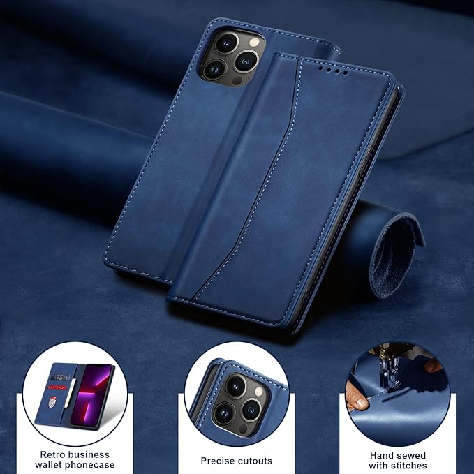 Jasonyu Flip Wallet Case for iPhone 13 Pro Max,Leather Magnetic Folio Cover with Card Holder,Kickstand - TPU Shockproof Durable Protective Phone Case,Blue