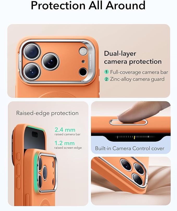 ESR Silicone Case for iPhone 17 Pro, Built-in Camera Stash Stand Compatible with MagSafe, Military-Grade Drop Protection Magnetic Phone Case for iPhone 17 Pro, Cloud Series, Orange