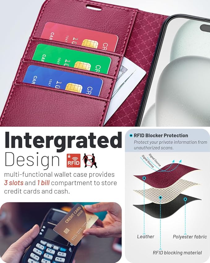 OCASE Compatible with iPhone 16 Wallet Case, PU Leather Flip Folio Case with Card Holders RFID Blocking Kickstand [Shockproof TPU Inner Shell] Phone Cover 6.1 Inch 2024, Burgundy