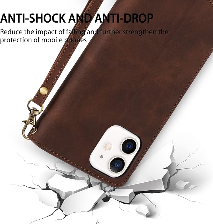 ZZXX iPhone 12 Pro Wallet Case with Card Slot, Premium Soft PU Leather Zipper Folio with Wrist Strap Kickstand Protective for iPhone 12 (Coffee 6.1 inch)