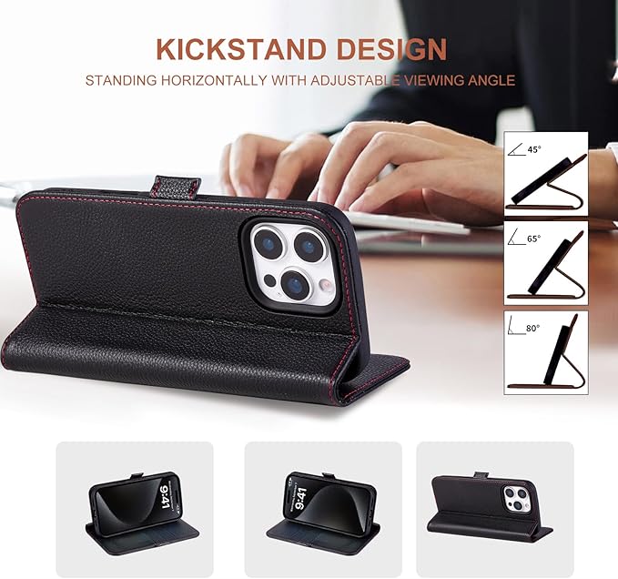 Case for iPhone 16 Pro 6.3" 2024-Genuine Leather Folio Magnetic Closure RFID Blocking Card Holder Kickstand Full Protection Phone Case Compatible with iPhone 16 Pro (Black)