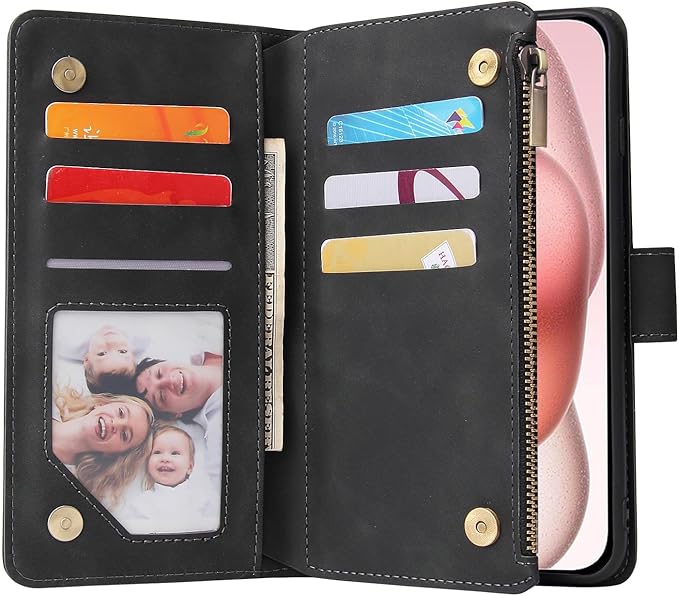 Asuwish Compatible with iPhone 15 6.1 inch Wallet Case Tempered Glass Screen Protector and Leather Flip Cover Card Holder Stand Cell Phone Cases for iPhone15 5G i i-Phone i15 15Case Women Men Black