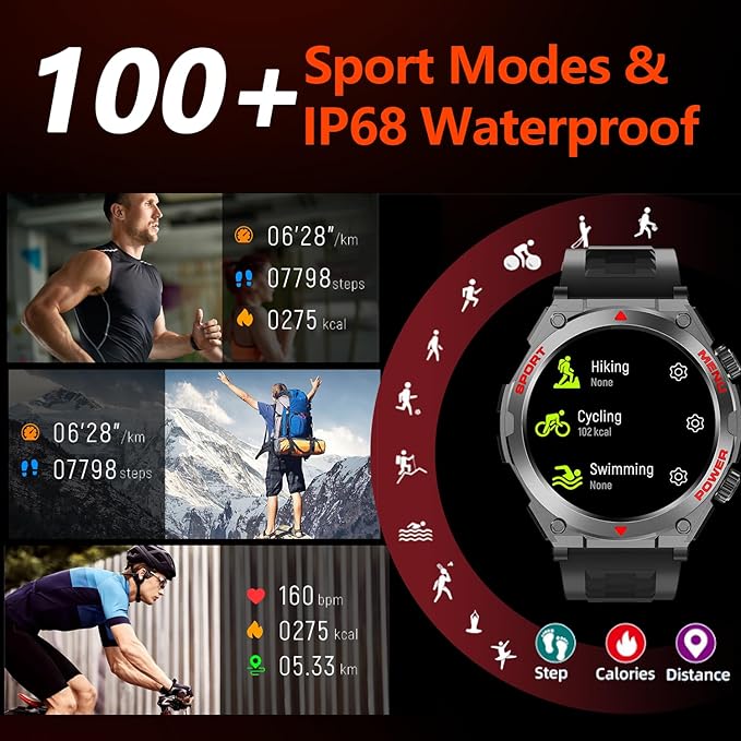 Military Smart Watch for Men With AI Q&A (Answer/Make Call/SMS Reply), 1.52" HD Smartwatch for Android Phones/iPhone, 100+ Sport Mode Fitness Tracker with HR, SpO2, Sleep Monitor, IP68 Waterproof