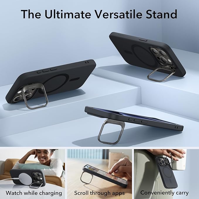 ESR for iPhone 15 Pro Case, MagSafe Silicone Case with Stand, Military-Grade Protection, Built-in Camera Stash Stand, Magnetic Phone Case for iPhone 15 Pro, Cloud Series,Black