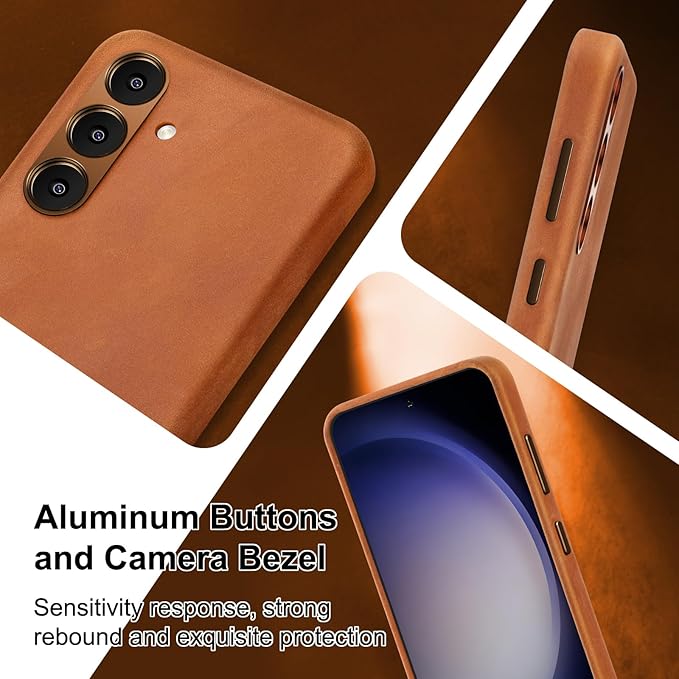 Belemay Leather Case for Samsung Galaxy S24 Compatible with Magsafe - Premium Crazy Horse Leather [Vintage Aesthetics] Unique Patina, Comfort Grip, Metal Buttons, Slim&Soft Cover (6.2") Tan Brown