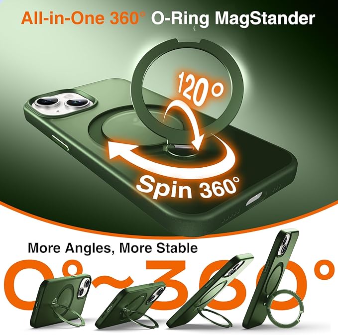 360° O-Ring MagStander for iPhone 13 Case, iPhone 14 Case with Magnetic Stand Ring Holder [Compatible with MagSafe][15FT Military Shockproof] Kickstand iPhone 13/14 Phone Cover Matte Green