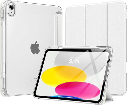 MoKo for iPad (A16) 11th Generation Case 11 Inch 2025, iPad 10th Generation Case 10.9 Inch 2022 with Pencil Holder, Slim Light Trifold Protective Cover with Hard PC Transparent Back Shell, White