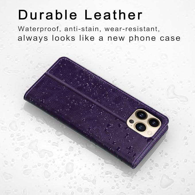 Belemay Compatible with iPhone 14 Pro Wallet Case-Genuine Leather Flip Phone Case-RFID Blocking Card Holders-Shockproof TPU Shell Folio Book Cover Women Men Compatible with iPhone 14 Pro (6.1") Purple