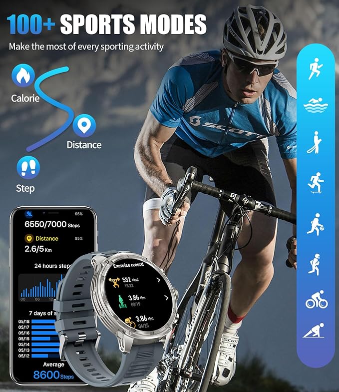 LIGE Military Smart Watches for Men with 80-Days Standby(710mAh)/Flashlight/50M Waterproof/1.85" HD Large Screen,100+ Sports Fitness Tracker Watch,Pedometer Mens Smart Watch for Android iPhone Silver