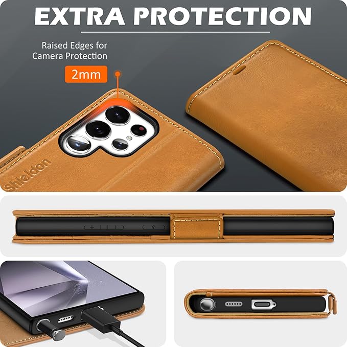 SHIELDON Wallet Case for Galaxy S25 Ultra 5G, Genuine Leather RFID Blocking Credit Card Holder Kickstand Magnetic Folio Protective Cover Compatible with Galaxy S25 Ultra 6.9" 2025 - Retro Light Brown