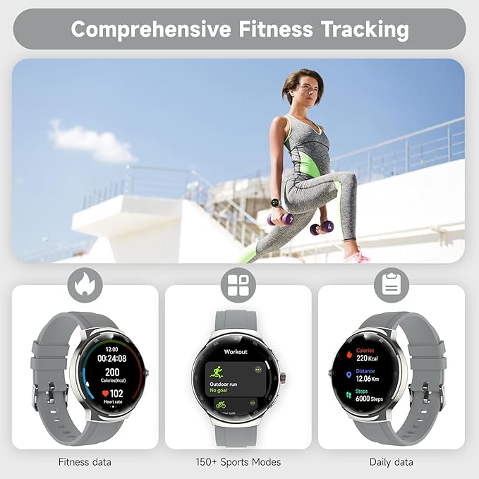 Smart Watches for Men Women, 1.43" AMOLED Fitness Tracker, Make/Answer Calls Digital Waterproof Smartwatch, 150+ Sports Mode, Heart Rate/SpO2/Sleep Monitor, Android & iOS Compatible, 2 Bands