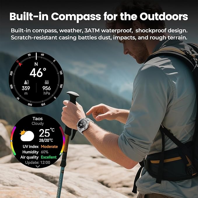 WalkerFit Military Rugged Smart Watch for Men 1.43" AMOLED Smartwatch, Always-on, 3ATM Waterproof for Swim,Accurate HR Sleep Monitor,Bluetooth Call Fitness Watch for iPhone Andriod Compatible, Silver