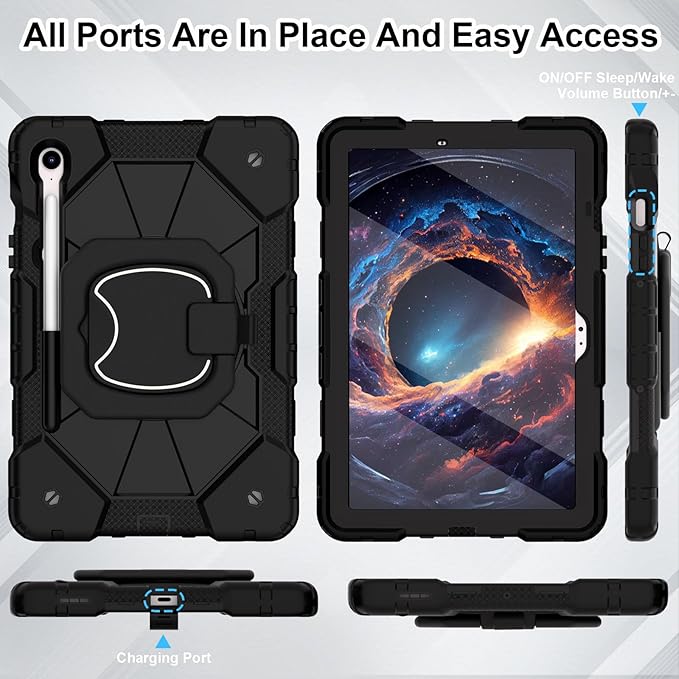 WESOROL Case for Samsung Galaxy Tab S10 Lite/S10 FE/S9 FE/S9 10.9/11 Inch (2025/2023), Shockproof Galaxy Tab S9 Tablet Case with Rotating Stand Screen Protector Pencil Holder Shoulder Strap,Black