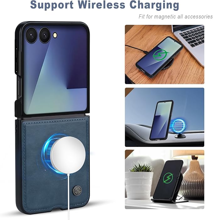 ASAPDOS Leather Folio Magnetic Case for Samsung Galaxy Z Flip 7 [Compatible with MagSafe],Built-in Screen Protector and PU Leather Thin Slim Protective Case Cover Blue
