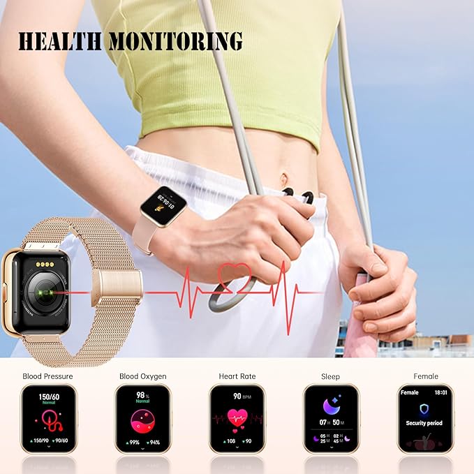 Smart Watch for Women(Answer/Dial Calls) 1.81" HD AI Voice Smartwatch with Fitness Tracker/Step Counter/Heart Rate Sleep Monitor, 120+ Sports Modes, IP68 Waterproof for Android/iOS, Gold/3 Bands