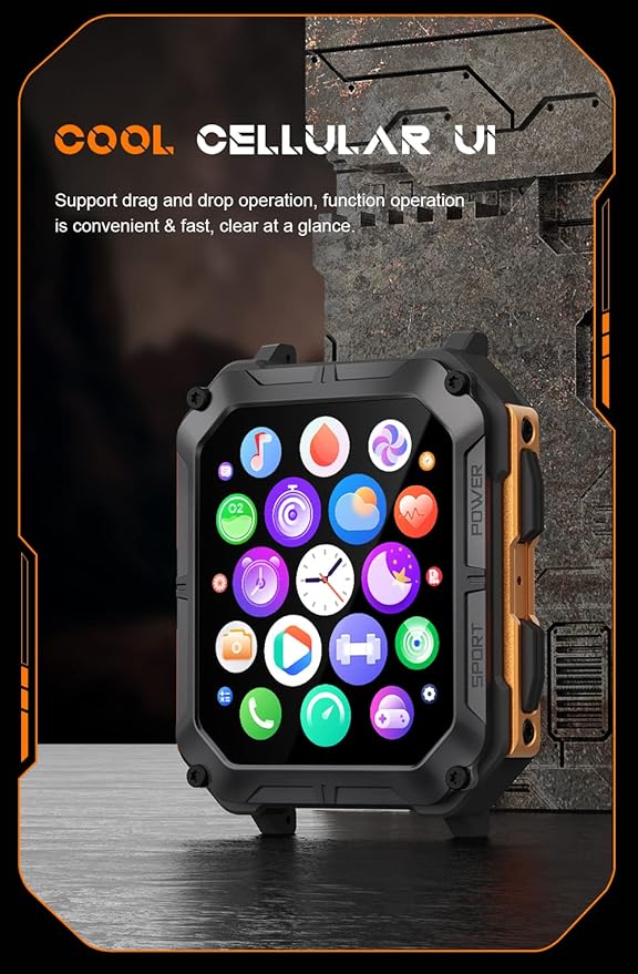 Gravity C20 Pro 1.83" Rugged Smartwatch, IP68 Waterproof, Bluetooth Call, AI Voice, 100+ Sports Modes, Heart Rate & Sleep Monitoring, Shockproof, Fitness Tracker for iOS & Android (Orange)
