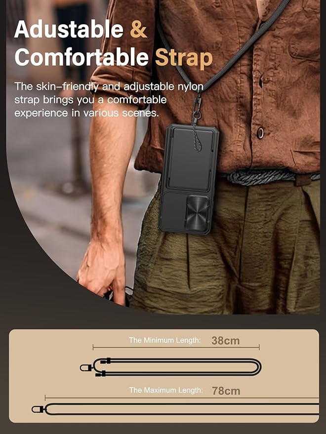 Vihibii for Samsung Galaxy S25 Plus with Case Crossbody Lanyard Strap, Build-in Card Holder (4 Cards), [RFID Blocking] & Slide Camera Cover & Military Grade Drop Protection Wallet Phone Case, Black