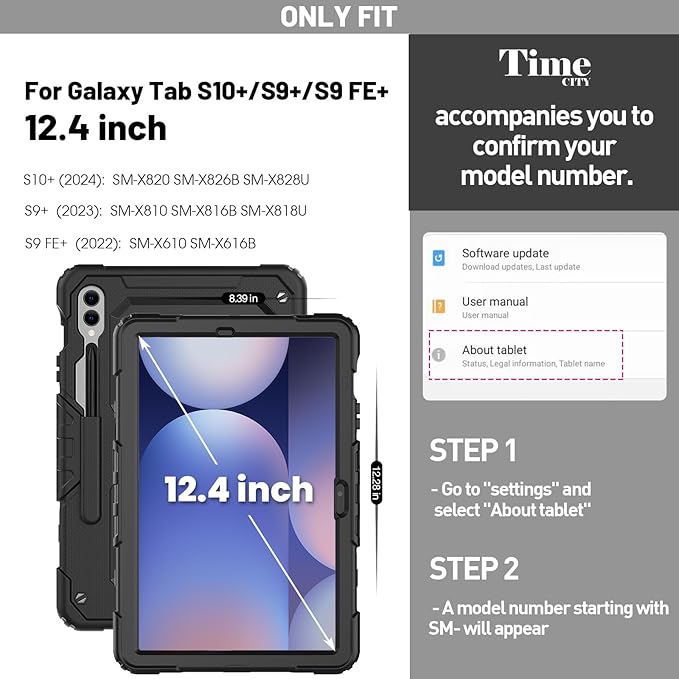 Timecity Case for Samsung Galaxy Tab S10 Plus/ S9 FE Plus/ S9 Plus 5G Tablet 12.4'' Case - Heavy Duty Protective Cover with Screen Protector, Stand, Shoulder Strap & S Pen Holder, Kids-Friendly, Black