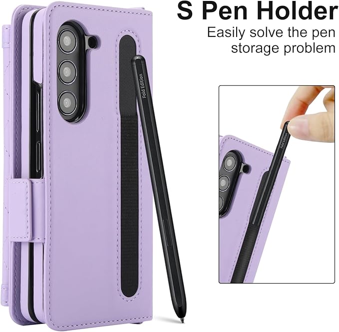 for Samsung Galaxy Z Fold 7 Wallet Case - Stitching Pattern RFID Blocking Card Holder, S Pen Slot Crossbody Strap, Full Body Protection Flip Cover for Women Purple