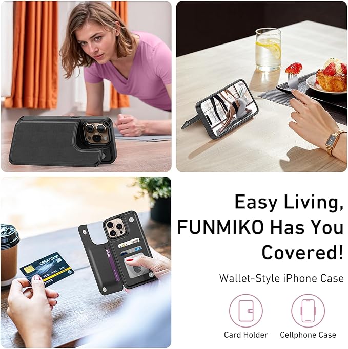 FUNMIKO for iPhone 16 Pro Wallet Case with Card Holder, RFID-Blocking, Military-Grade Protection & UV-Printed Artwork, Magnetic Closure with Leather Kickstand - Black