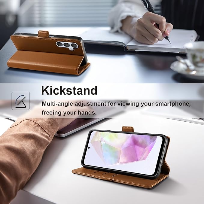 Wallet Flip Case for Samsung Galaxy A35 5G - [RFID Blocking] Luxury PU Leather Card Holder Magnetic Phone Cover with Kickstand,Shockproof Protective Case,Brown