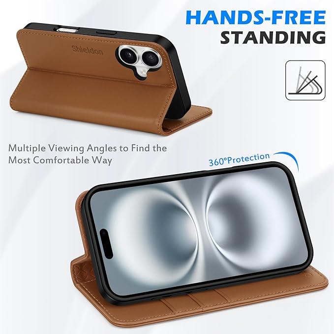 SHIELDON Wallet Case for iPhone 16 6.1" 2024, Genuine Leather Folio Magnetic Closure Kickstand RFID Blocking Card Slots Full Protection Cover Compatible with iPhone 16 5G - Nappa Saddle Brown