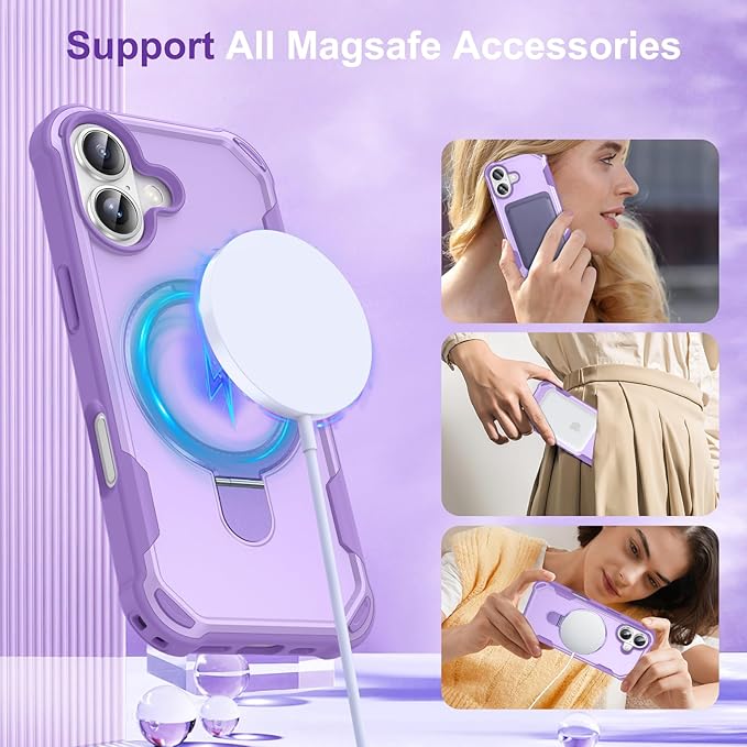 Compatible with iPhone 17 Case with Invisible Magnetic Ring Stand [Compatible with Magnetic] [Military Drop Protection] Shockproof Slim Hard Back Soft Edge Case 6.3 Inch, Purple