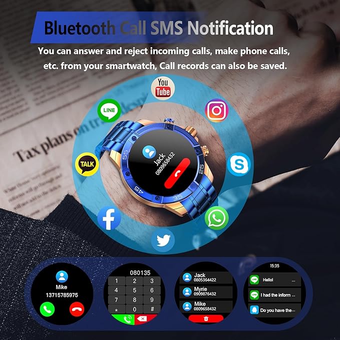 Smartwatch for Men 1.53-Inch Luxury Business Sports & Fitness Men's Watch, IP67 Water Resistant, 440mAh Extended Standby, Multi-Sport Mode and Monitor, Supports IOS 8.0 and Android 4.4 (Steel Blue)