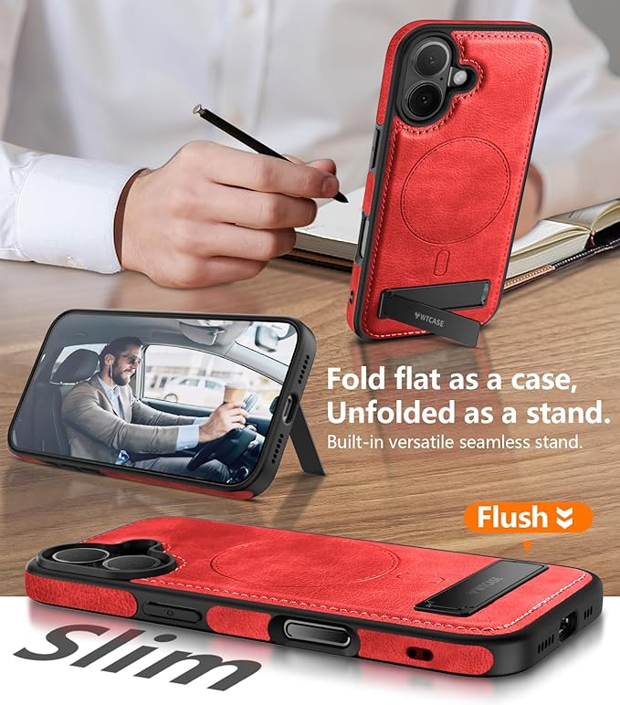 Magnetic for iPhone 17 Leather Case,Built-in Invisible Stand [Compatible with Magsafe] Protective Slim Kickstand Phone Cover for iPhone 17 Case, Red