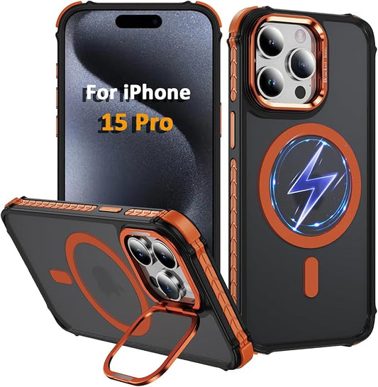 Magnetic for iPhone 15 Pro Case Orange with MagSafe Wireless Charging Heavy Duty Military-Grade Shockproof Protection Adjustable Kickstand Slim Matte Anti-Fingerprint Cover Men Women