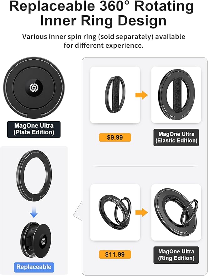 EWA MagOne Ultra (Plate Edition) Phone Grip Stand with Leather Finger Strap, Removable Magnetic Ring Holder Kickstand Loop, Double-Sided Magnetic Accessories for Phone-Black