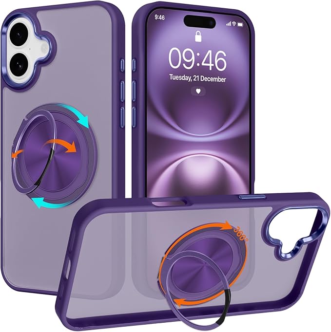 ZIYE Dark Purple Case for iPhone 16 Plus Case with Stand [Compatible with MagSafe] Slim Heavy Duty Protection Military Grade Shockproof Magnetic Cover with 360 Rotatable Ring Kickstand for Women Men