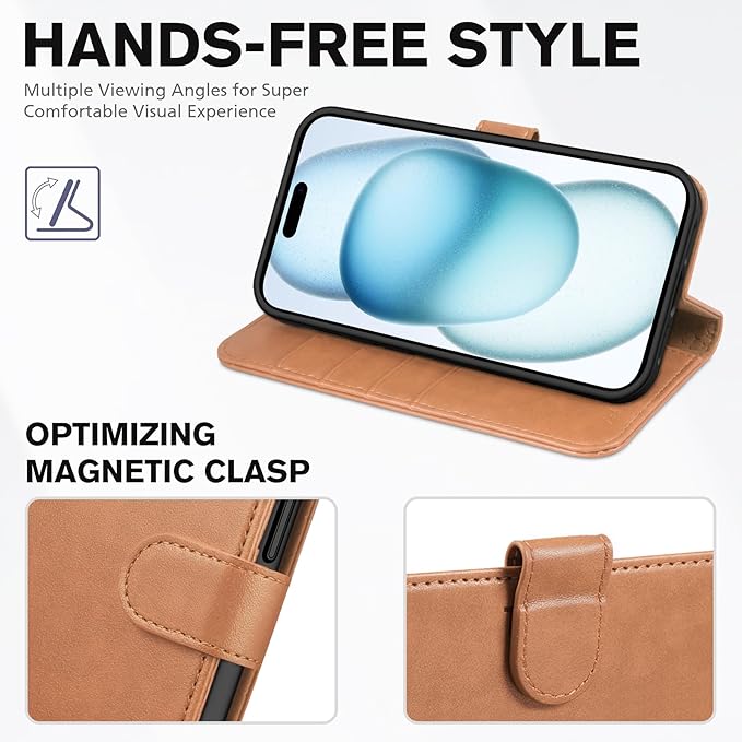 TUCCH Case Wallet for iPhone 15 6.1", [RFID Blocking] [4 Card Slots] Kickstand [Shockproof TPU Interior Case], PU Leather Magnetic Flip Cover Compatible with iPhone 15 5G 2023, Light Brown