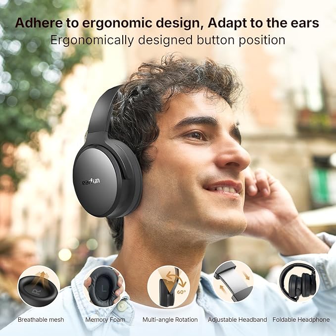 EarFun Tune Pro Active Noise Canceling Headphones, Wireless Bluetooth Headphones with 5 Mics, 120H Playtime, Bluetooth 5.4, Hi-Res Audio, Multipoint Connection, Custom EQ via App, Comfortable Fit