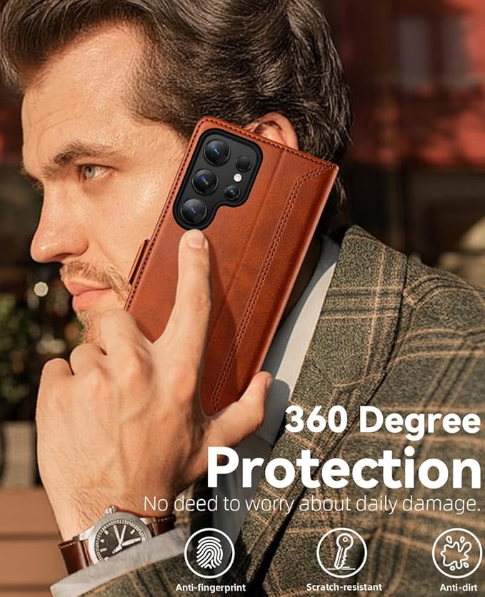 OCASE Compatible with Galaxy S25 Ultra Wallet Case, PU Leather Flip Folio Case with Card Holders RFID Blocking Kickstand [Shockproof TPU Inner Shell] Protective Phone Cover 2025, Retro Brown