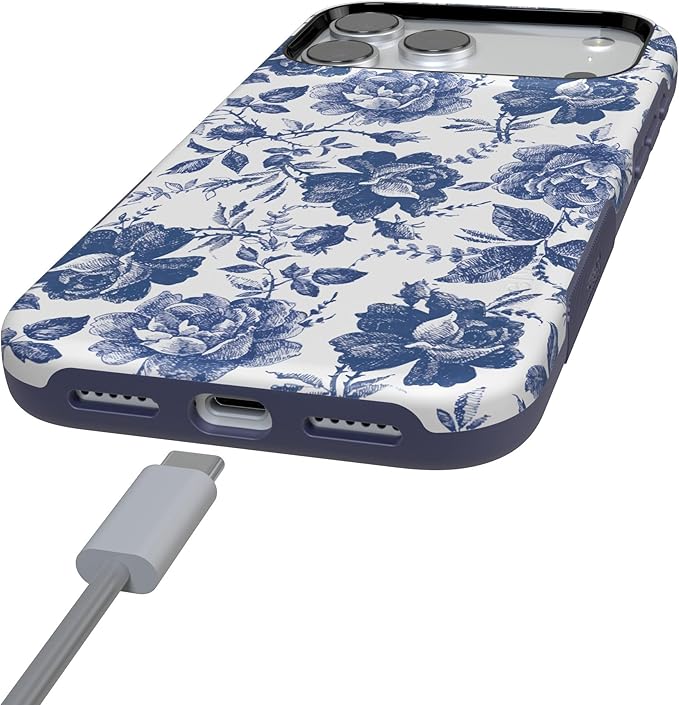 Casely iPhone 17 Pro Case | Rose to Fame | Blue & White Rose Floral | Compatible with MagSafe | Bold Protective Design