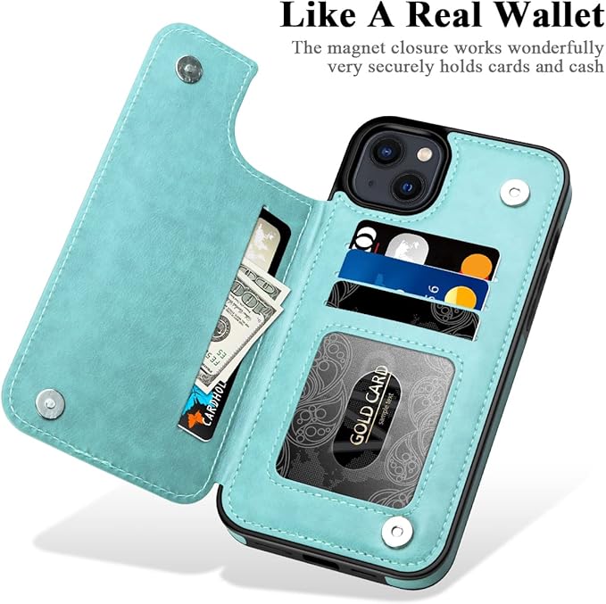 MMHUO for iPhone 15 Plus Case with Card Holder,Flower Magnetic Buttons Protective Wallet Case for Women for iPhone 15 Plus,Mint