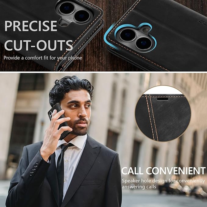 QLTYPRI for iPhone 16 Case Wallet with Card Holder, Vintage PU Leather Kickstand Magnetic Closure Shockproof Folio Book Cover Case for iPhone 16 - Retro Black